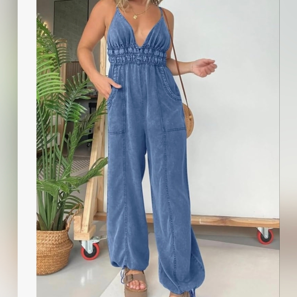 Womens Smocked DEnim Jumpsuit (S) NWT